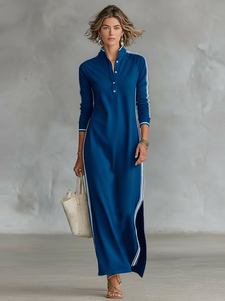 Minimalist Maxi Sweatshirt Dress with Collar and White Trim