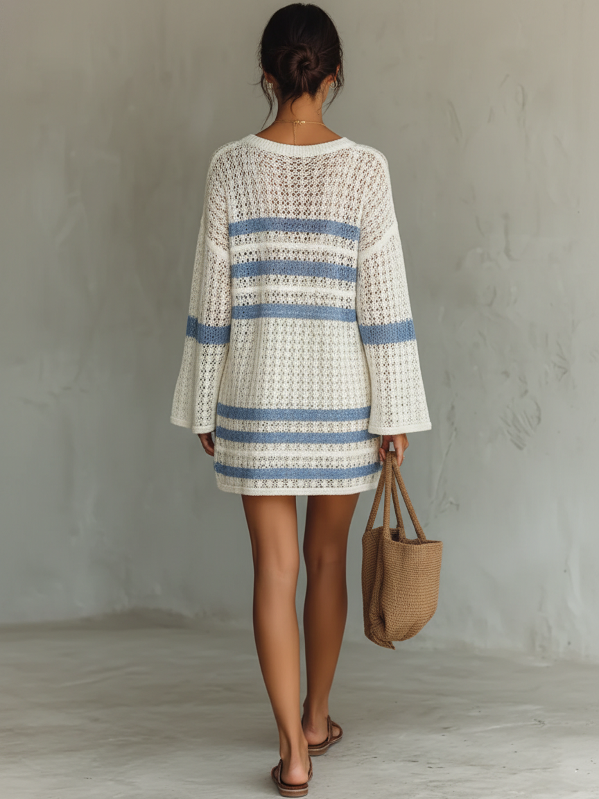 Striped Knit Mini Dress with Openwork Detail for Beach and Vacation