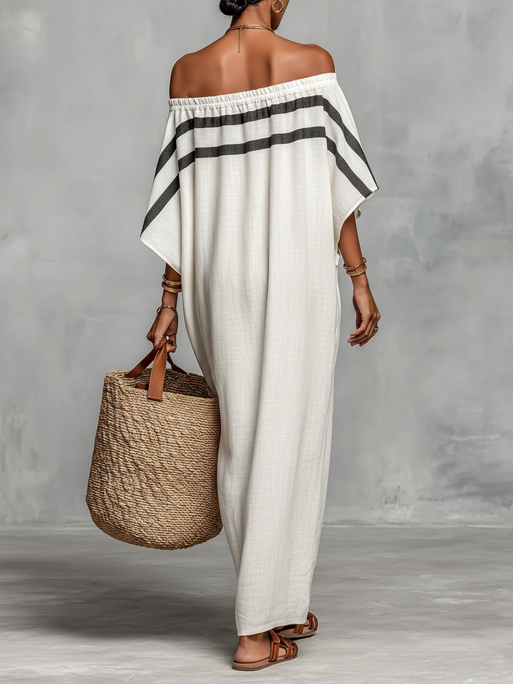 Linen Maxi Dress Off Shoulder Batwing Sleeve Casual