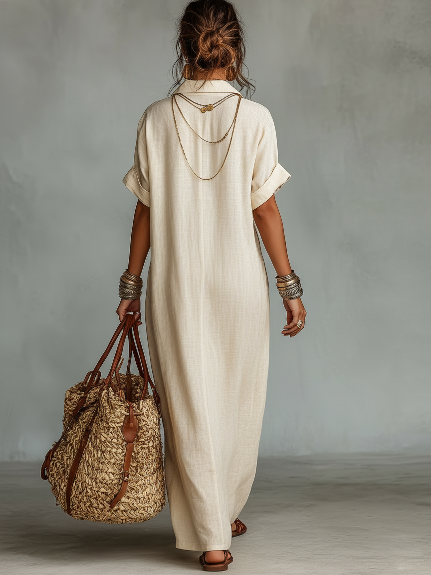 Linen Maxi Dress with Embroidered Details Short Sleeve