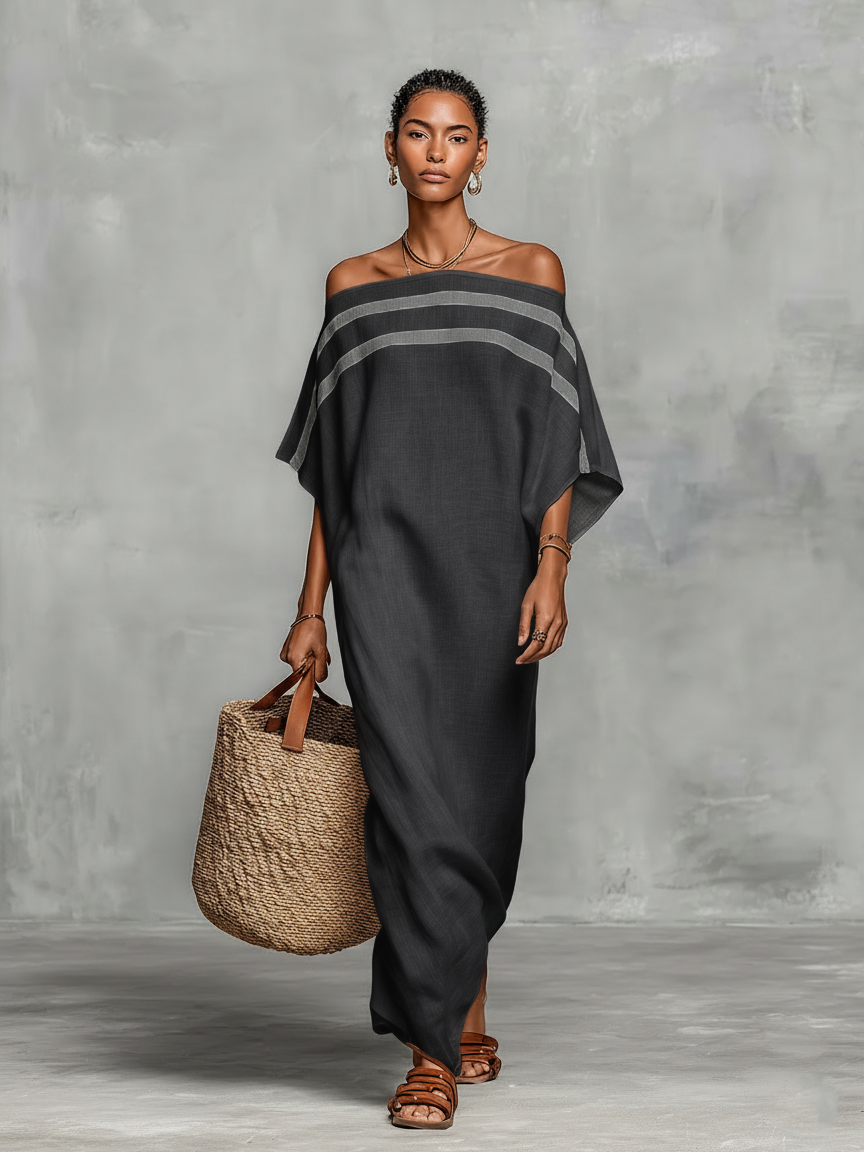 Linen Maxi Dress Off Shoulder Batwing Sleeve Casual