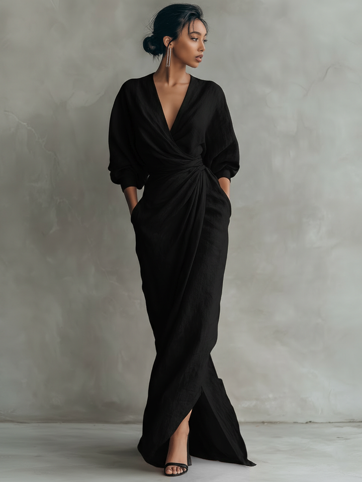 Linen Maxi Dress V Neck Long Sleeve Minimalist Summer Dress