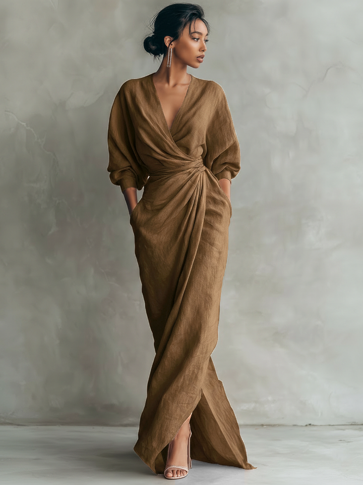 Linen Maxi Dress V Neck Long Sleeve Minimalist Summer Dress