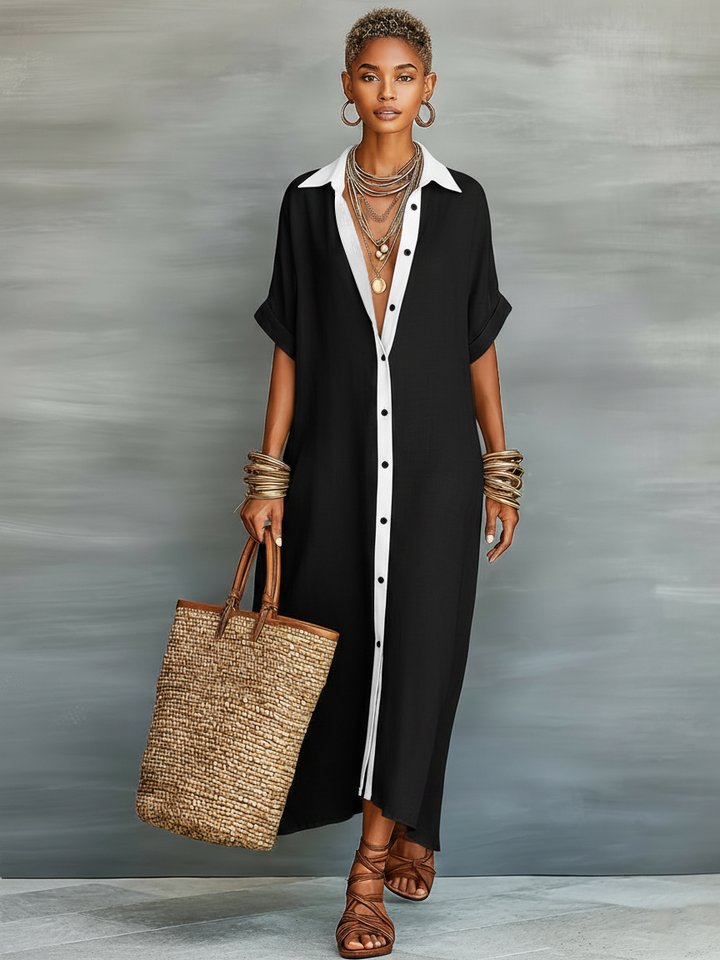 Linen Maxi Dress Short Sleeve Shirt Dress for Women