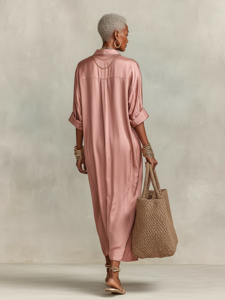 Maxi Shirt Dress for Women - Minimalist Button Front Long Dress