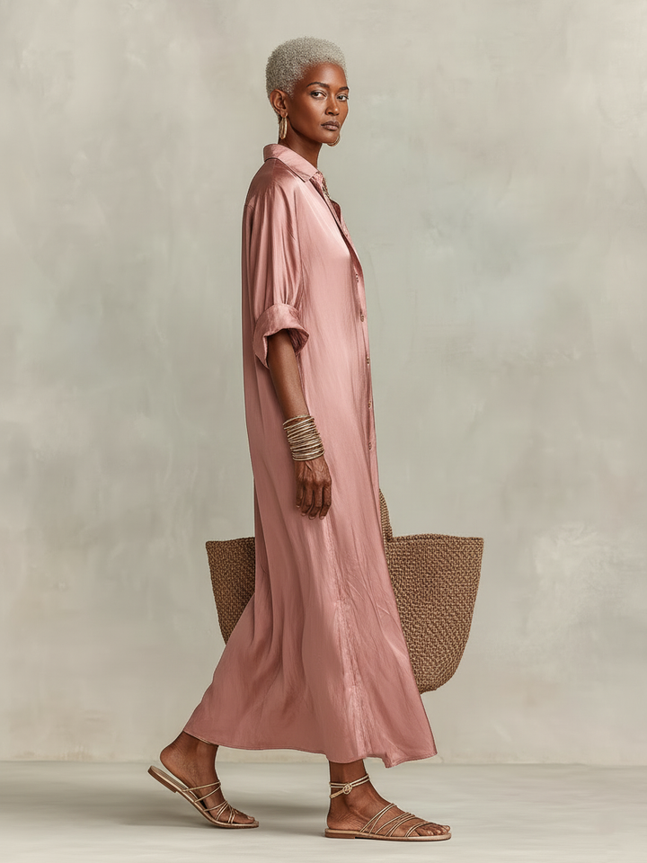 Maxi Shirt Dress for Women - Minimalist Button Front Long Dress