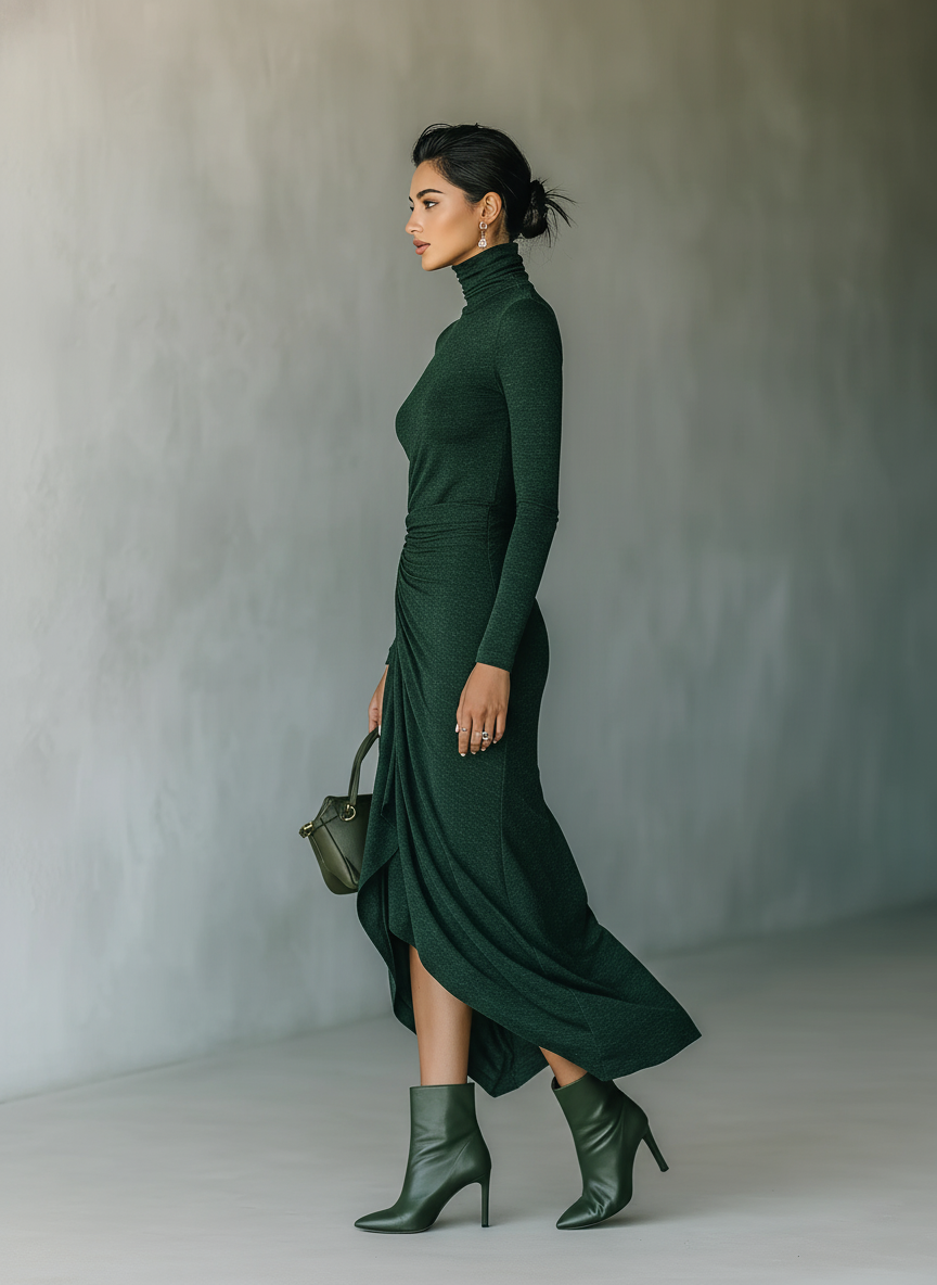 Knit Wrap Midi Dress - High Neck Long Sleeve Bodycon