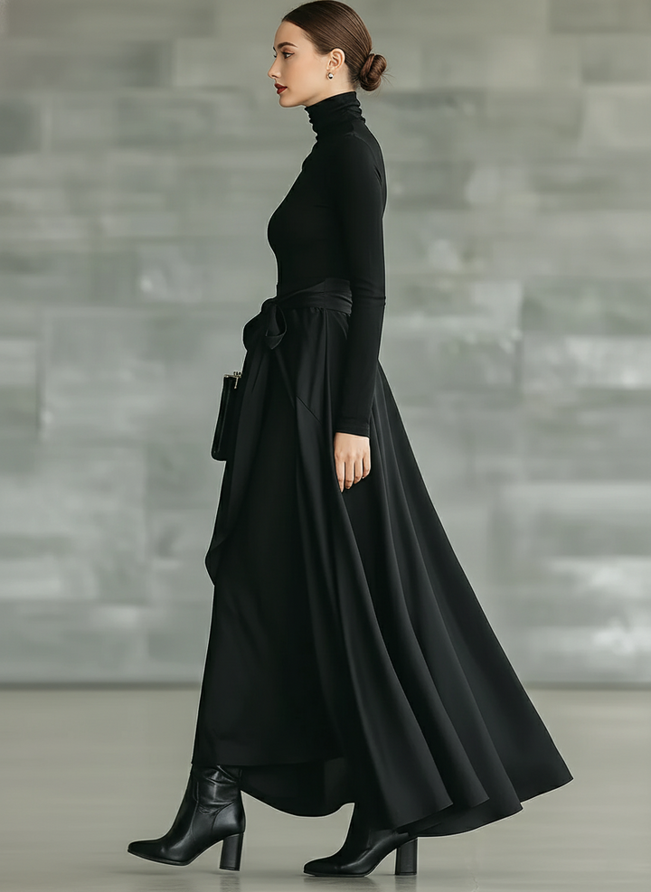 Black Maxi Dress with High Neck and Satin Flared Skirt