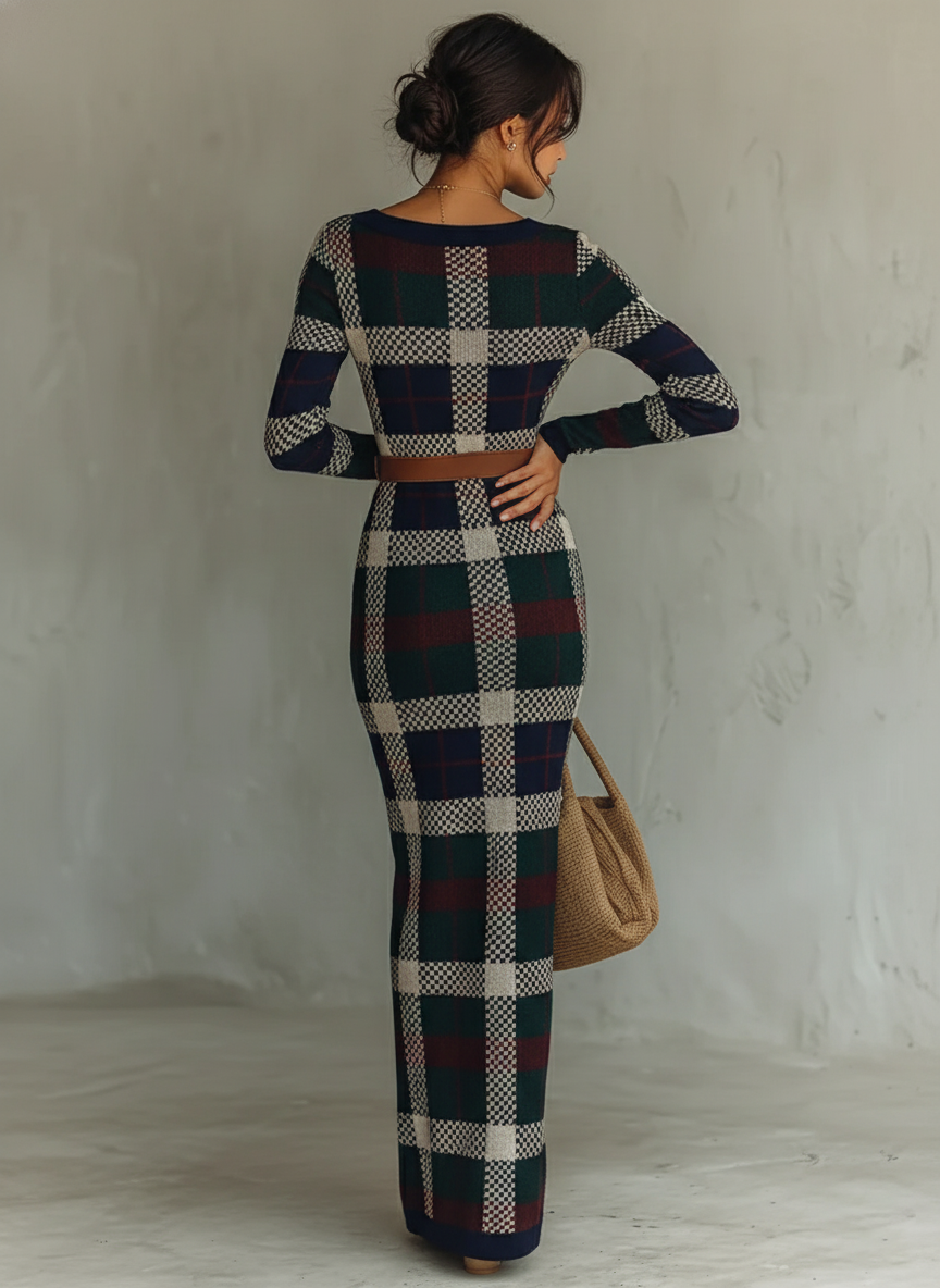 Square Neck Belted Maxi Dress with Long Sleeves