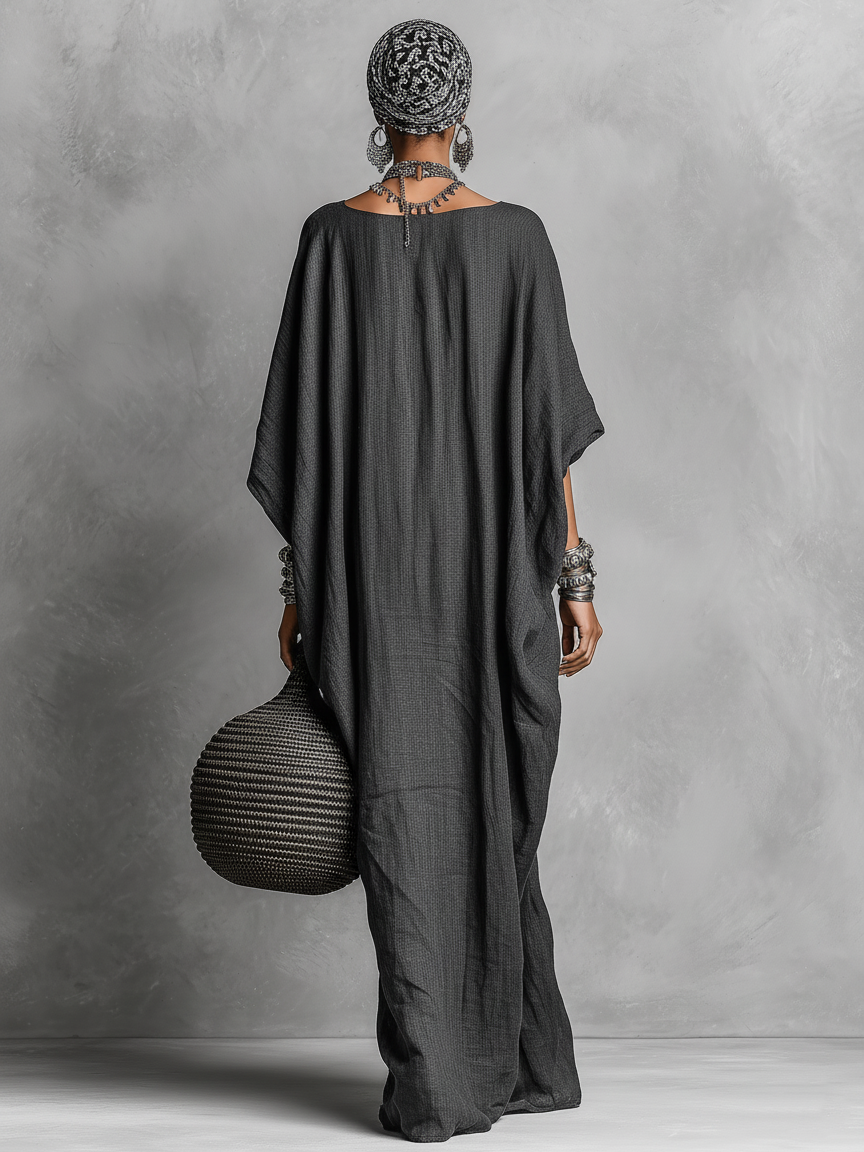 Linen Maxi Dress with Batwing Sleeves for Women