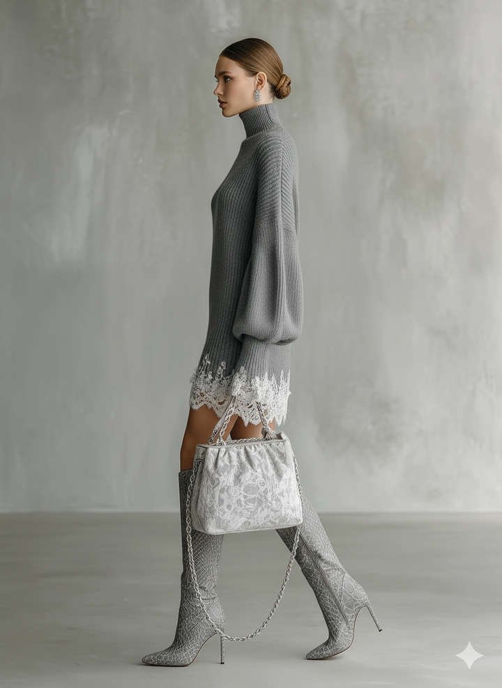 Grey Knit Turtleneck Sweater Dress with Lace Hem Detail