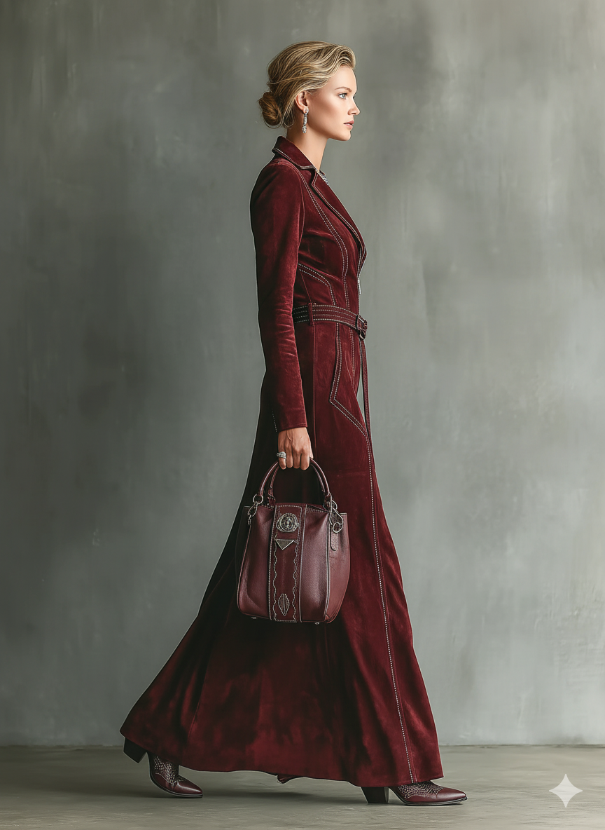 Burgundy Maxi Dress Long Sleeve Faux Suede V-Neck