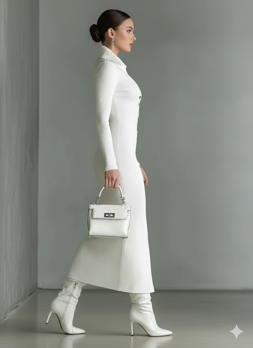 White Knit Midi Dress with Polo Neck - Long Sleeve Sweater Dress