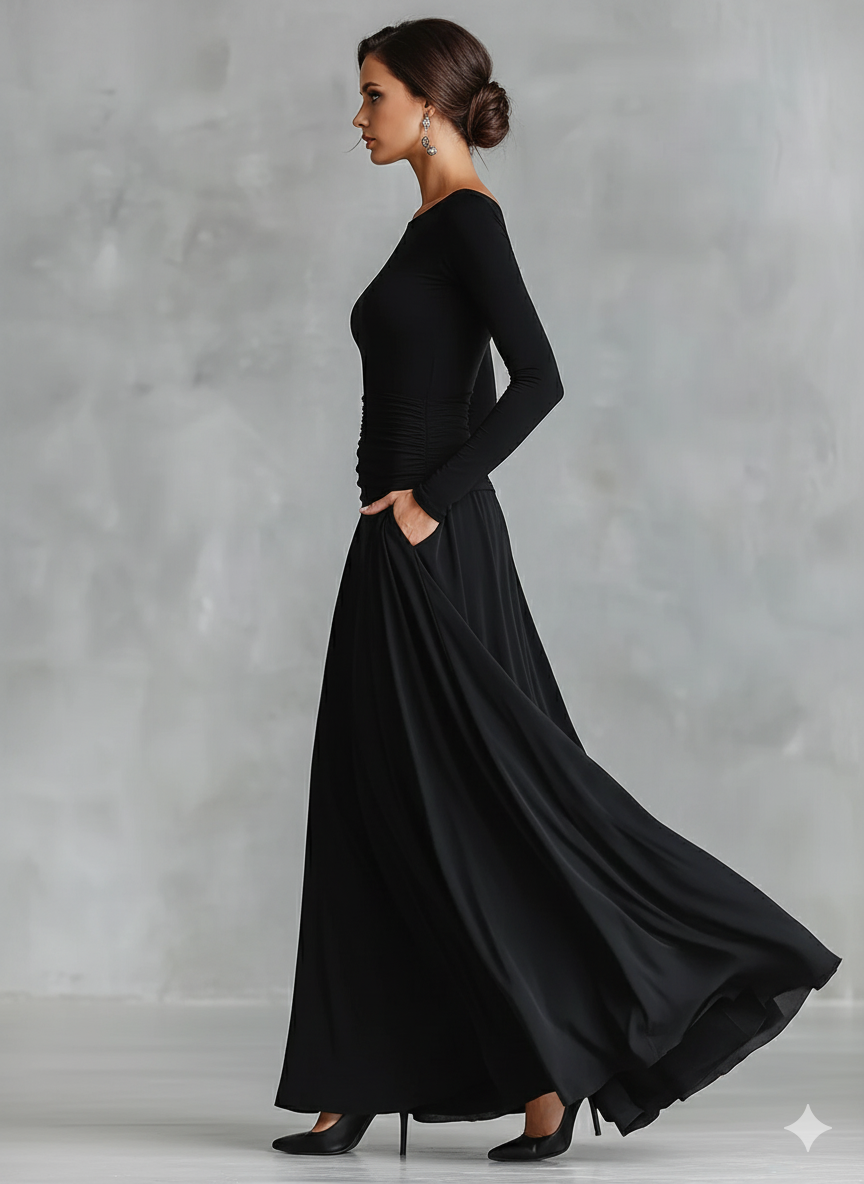 Black Maxi Dress with Ruched Bodice and Boat Neck