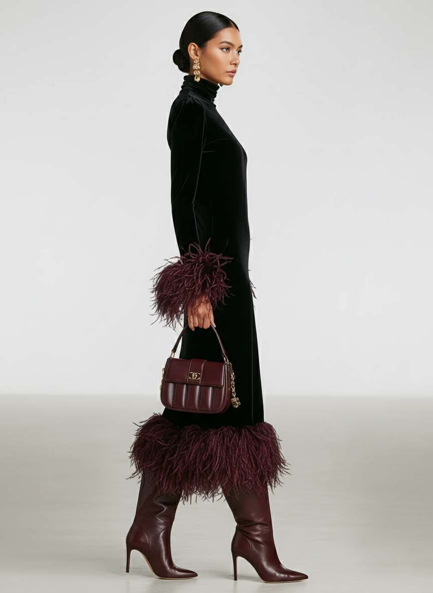 Velvet Maxi Dress with Feather Trim - Evening Formal Gown