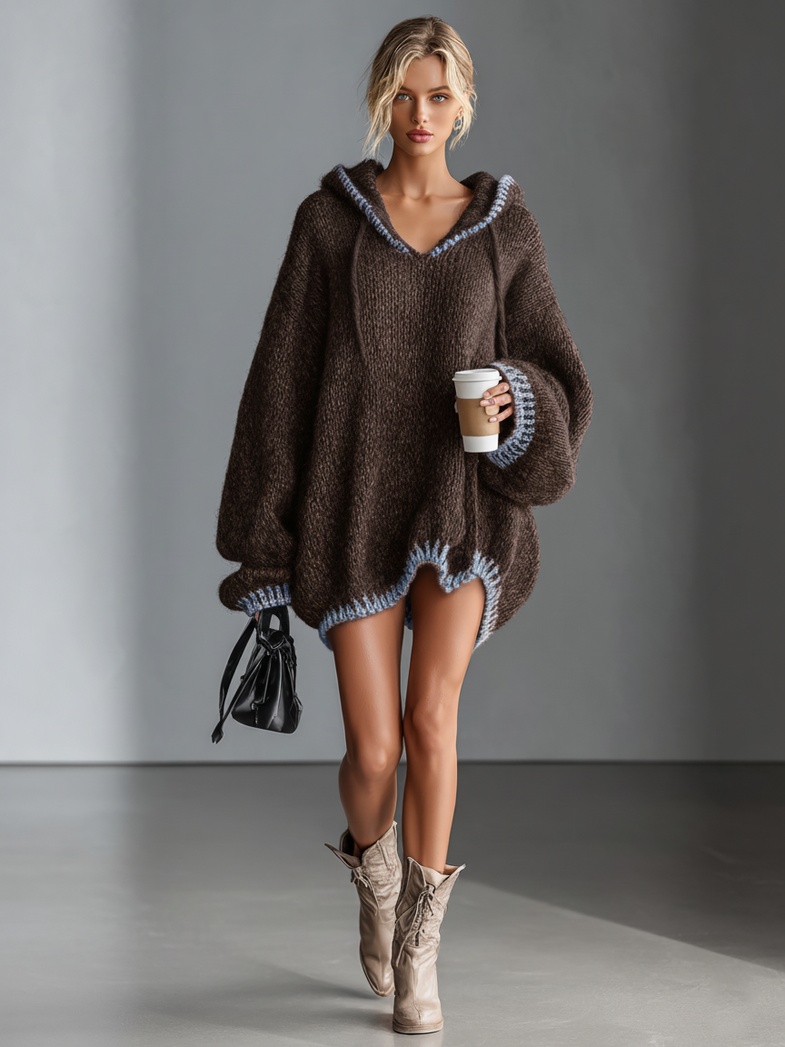 Hooded Knit Mini Dress with Contrast Trim