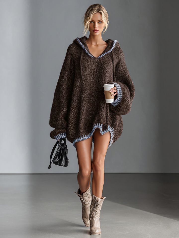 Hooded Knit Mini Dress with Contrast Trim
