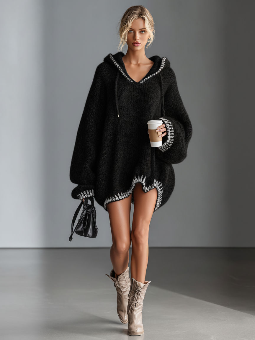 Hooded Knit Mini Dress with Contrast Trim