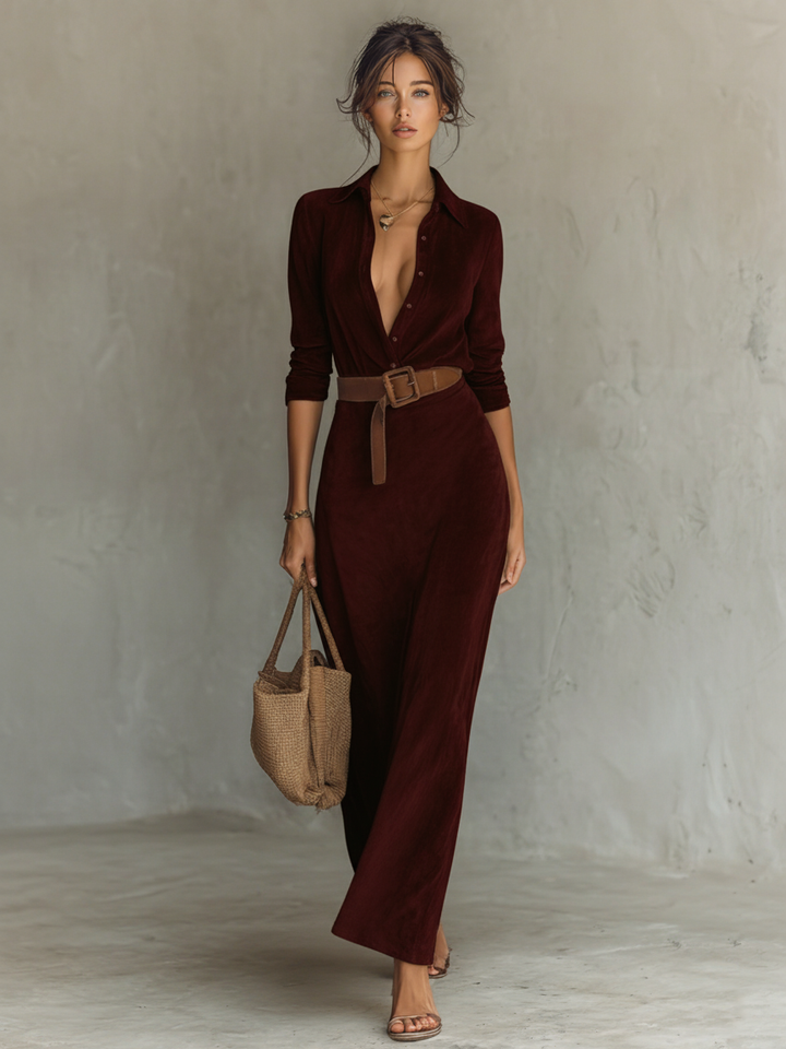 Belted Maxi Dress with Lapel Collar - Faux Suede Trench Style