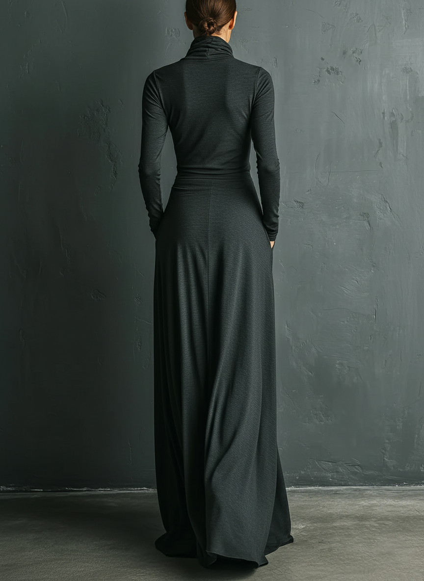 Turtleneck Maxi Dress for Women - Charcoal Long Sleeve Draped