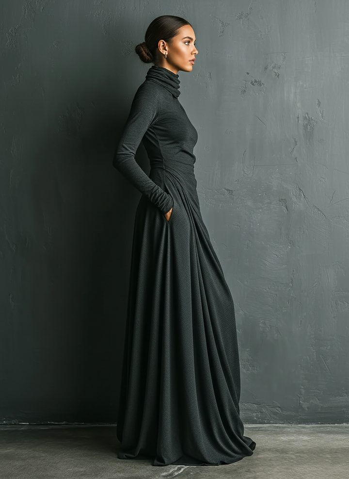 Turtleneck Maxi Dress for Women - Charcoal Long Sleeve Draped