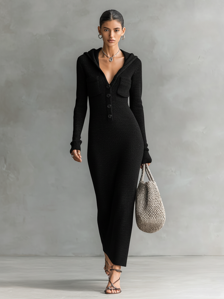 Hooded Knit Maxi Dress - Casual Long Sleeve Sweater Dress