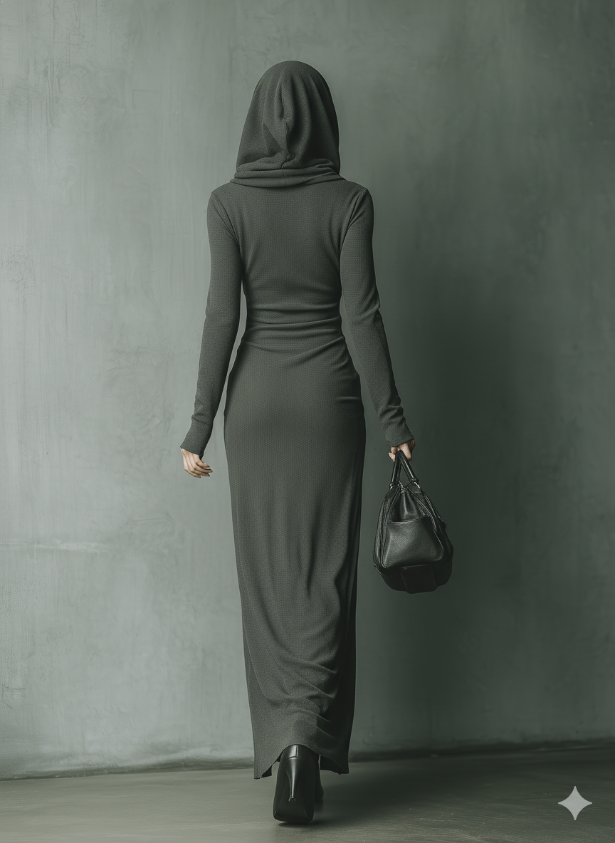 Hooded Maxi Dress Knit Long Sleeve Lounge Dress