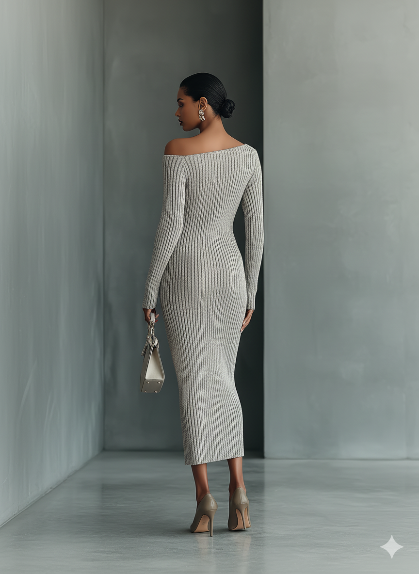One Shoulder Knit Dress for Women - Gray Bodycon Midi