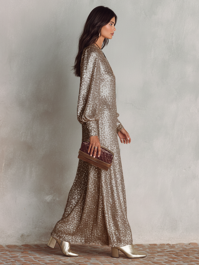 Shimmering V-Neck Maxi Dress for Evening Parties and Events