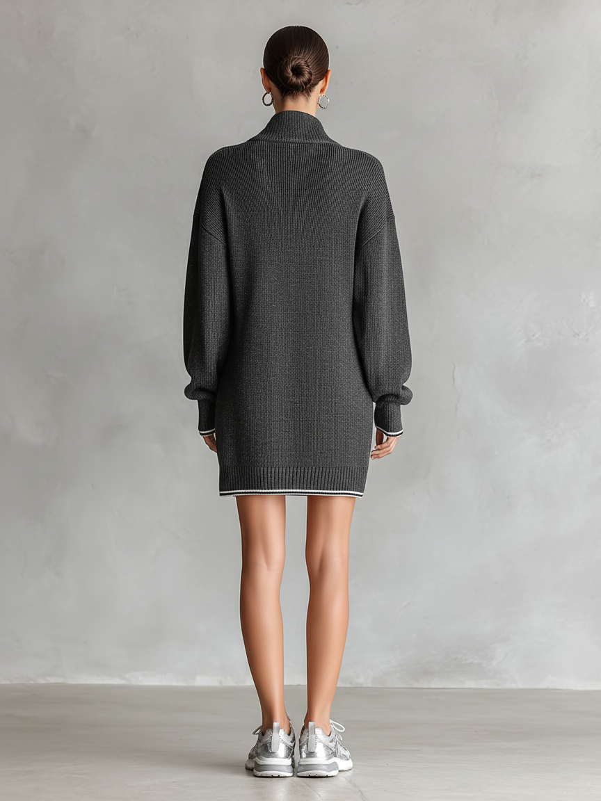 Knit Polo Dress with Zipper Detail and Contrast Trim