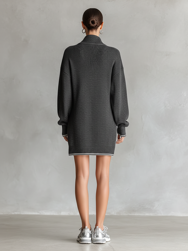 Knit Polo Dress with Zipper Detail and Contrast Trim