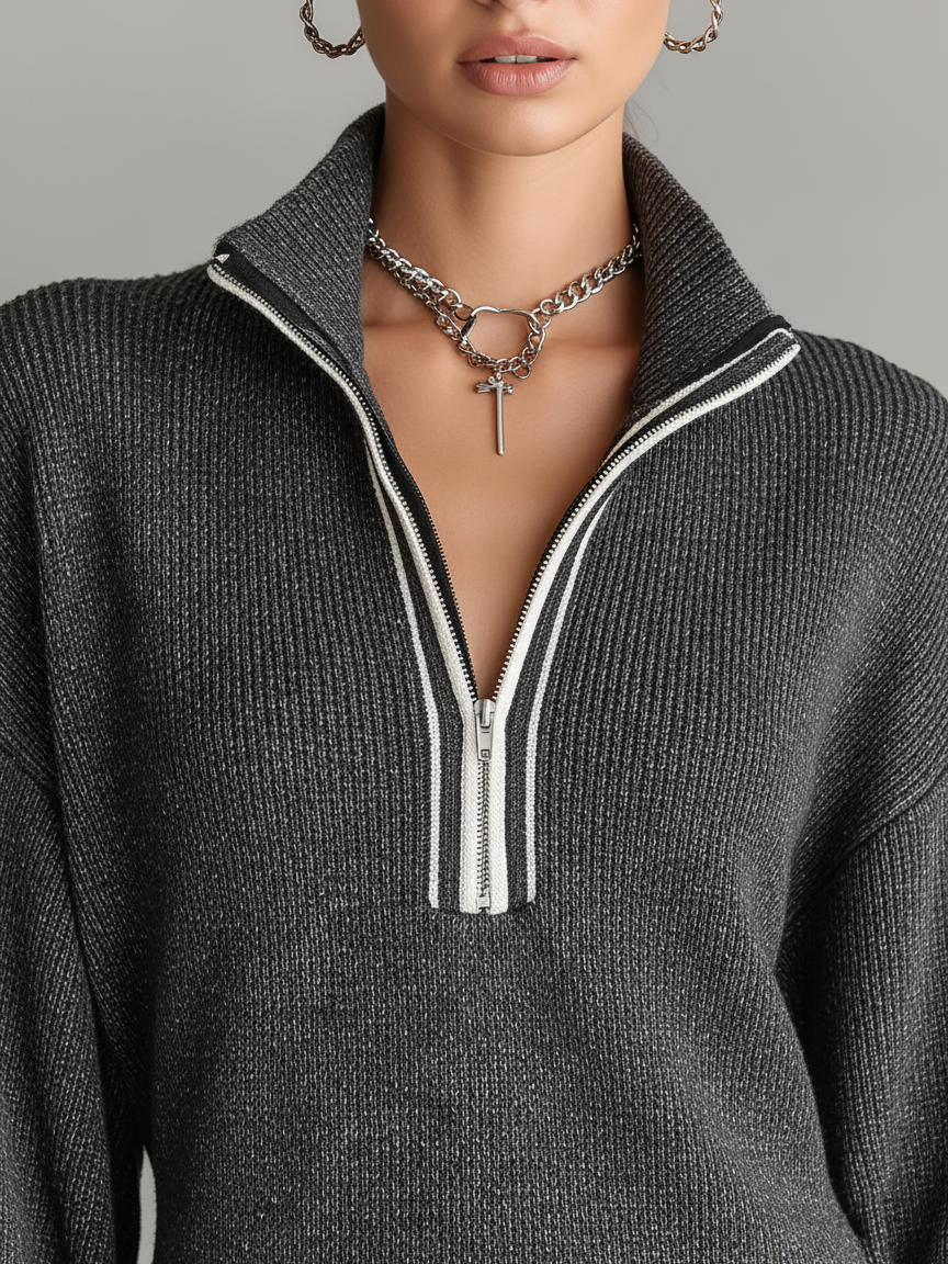 Knit Polo Dress with Zipper Detail and Contrast Trim