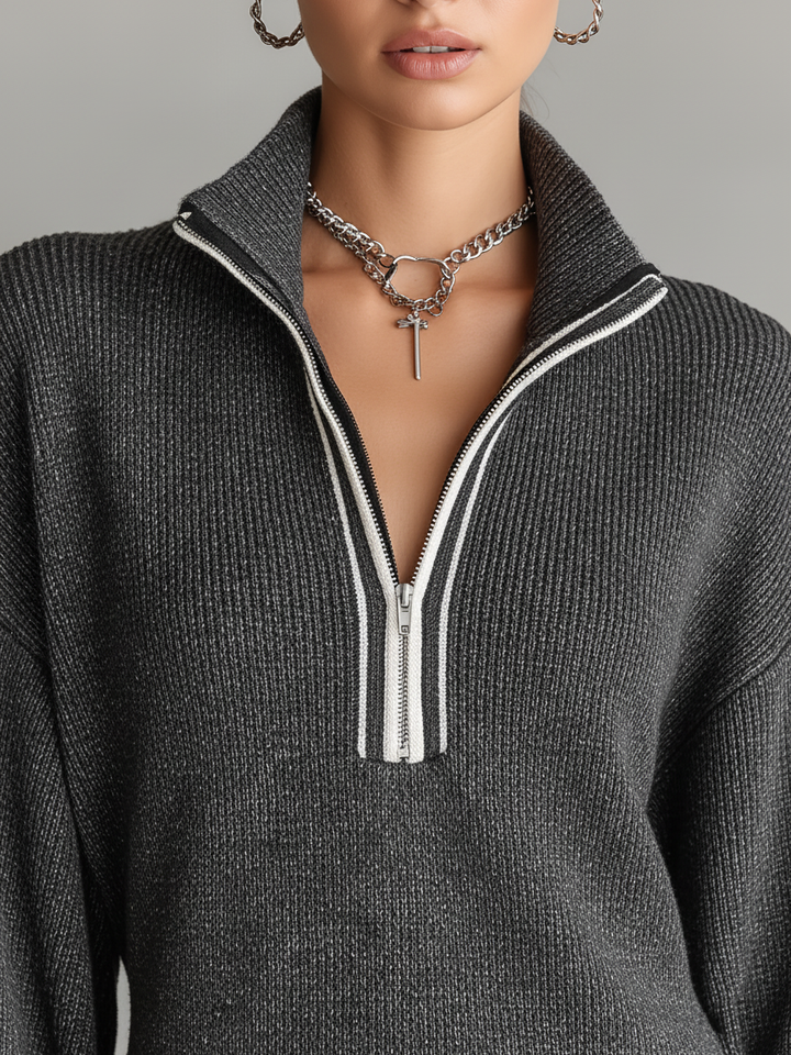 Knit Polo Dress with Zipper Detail and Contrast Trim