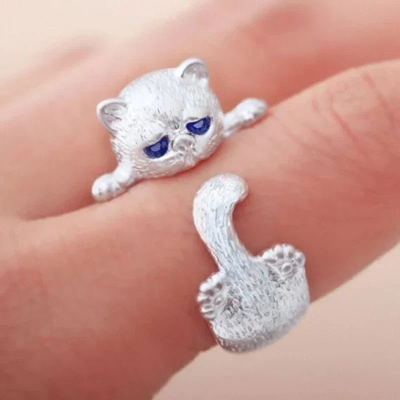 Kitten Ring White Gold Adjustable Delicate Cat Jewelry