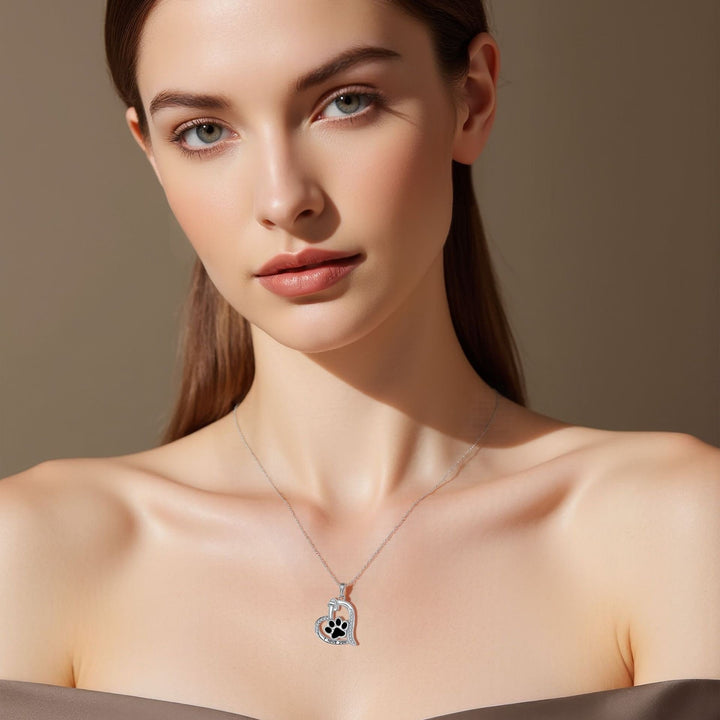 Dog Paw Print Heart Necklace with Zirconia for Pet Lovers