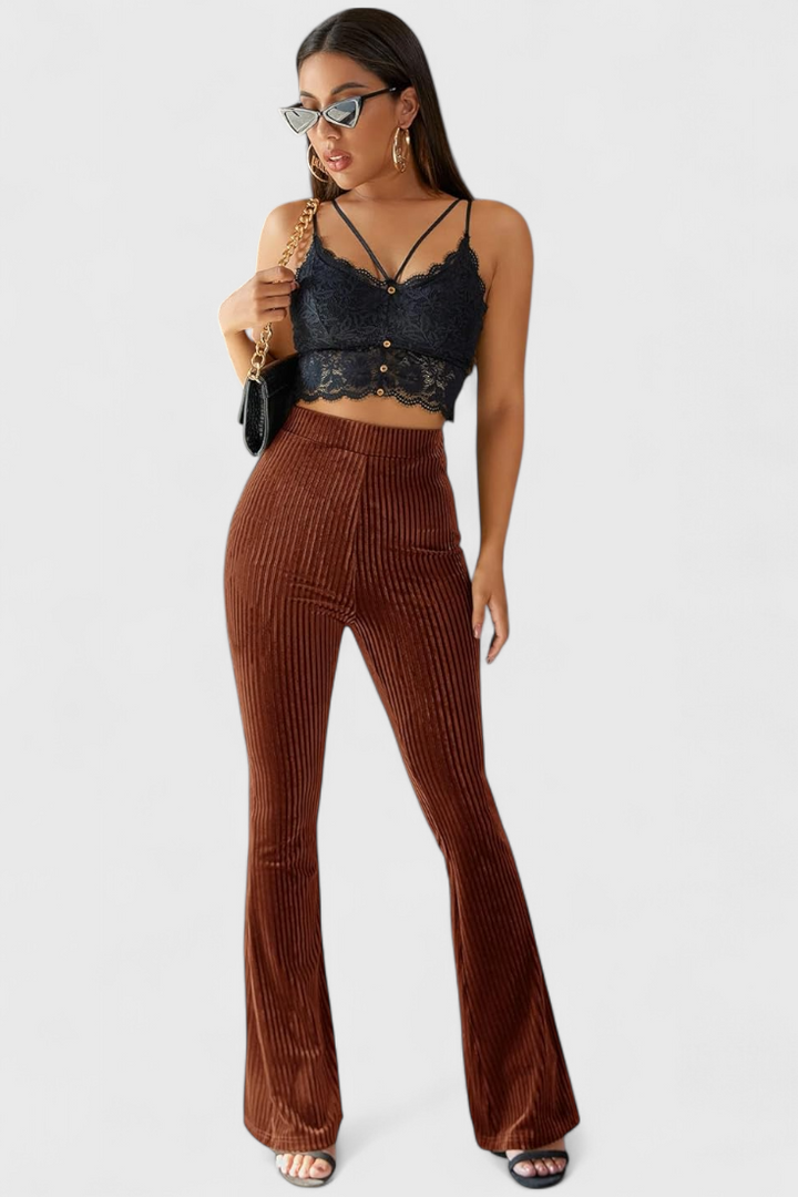 Velvet Flared Pants - Retro High Waist Wide Leg Trousers