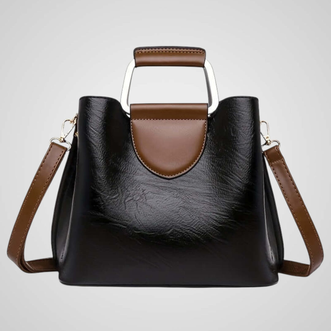 Two-Tone Leather Handbag with Contrast Handle