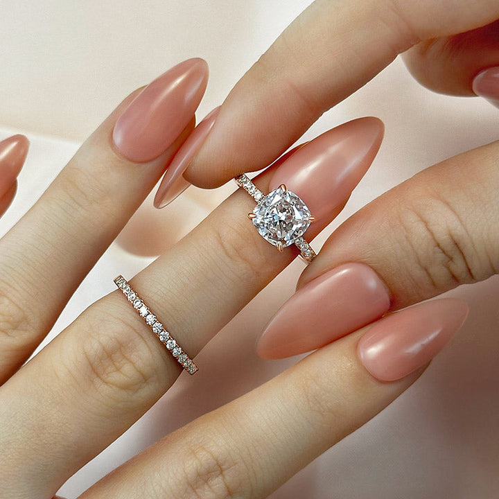 Rose Gold Bridal Ring Set - Cushion Cut Two Piece Wedding Rings