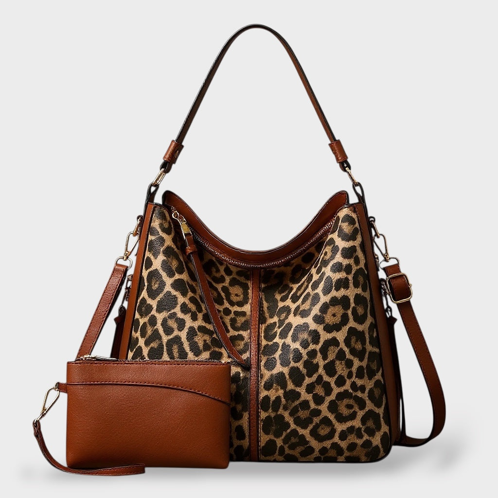 Leather Tote Bag with Matching Wristlet - Animal Print Handbag Set