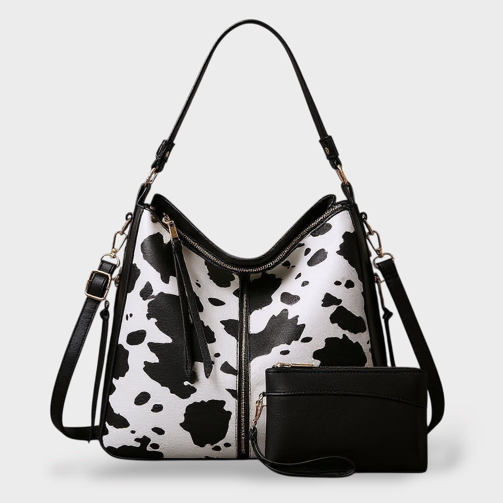 Leather Tote Bag with Matching Wristlet - Animal Print Handbag Set