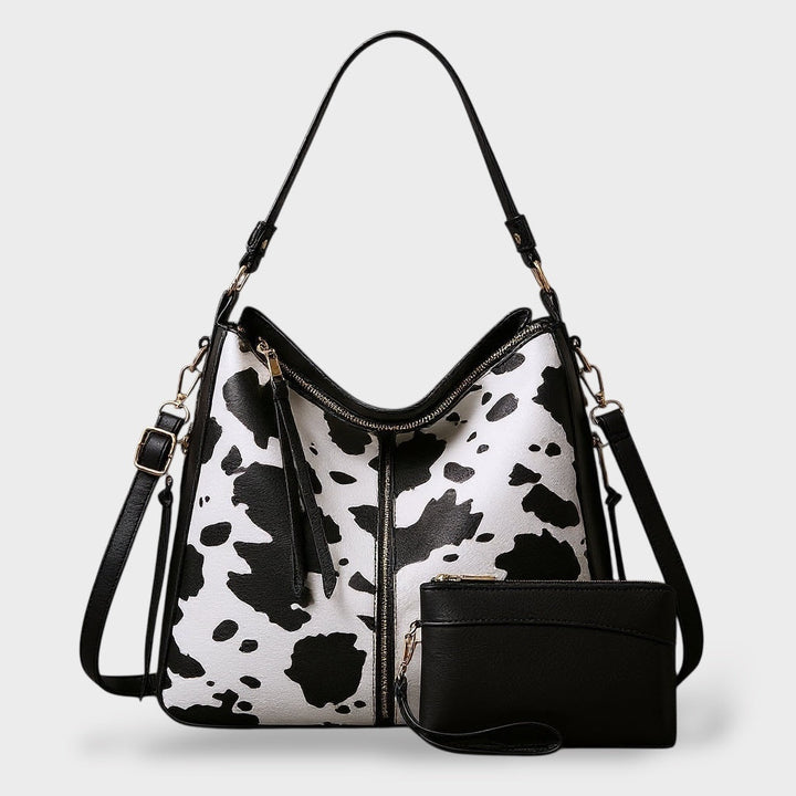 Leather Tote Bag with Matching Wristlet - Animal Print Handbag Set