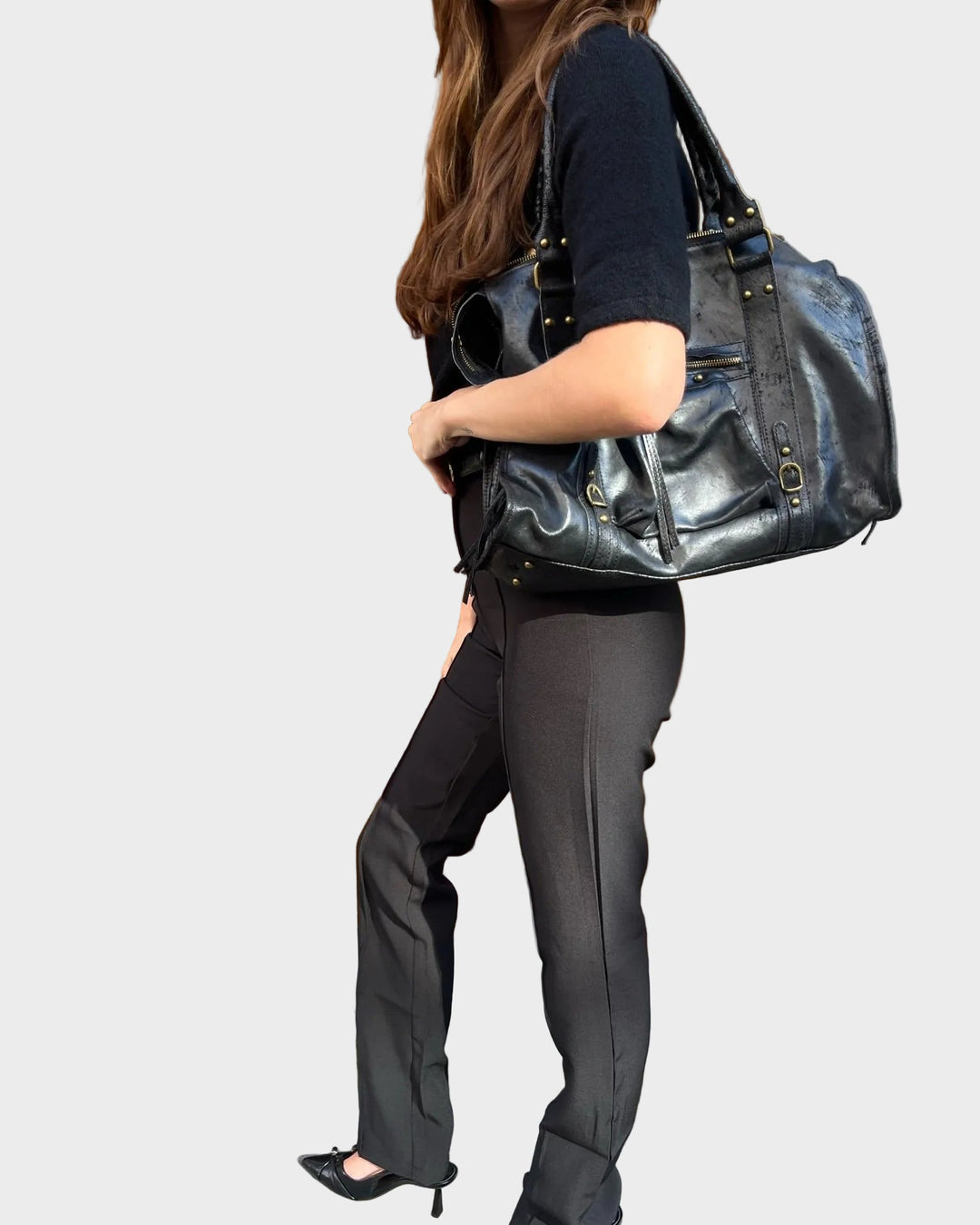 Black Leather Tote Bag for Women - Laptop Work Bag