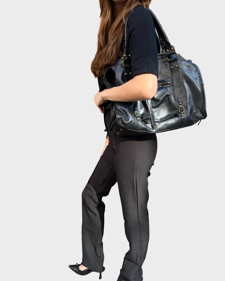 Black Leather Tote Bag for Women - Laptop Work Bag