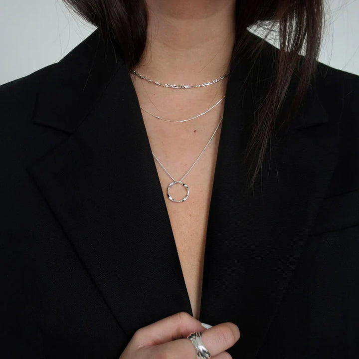 Open Circle Necklace Three Row White Gold Layered Pendant