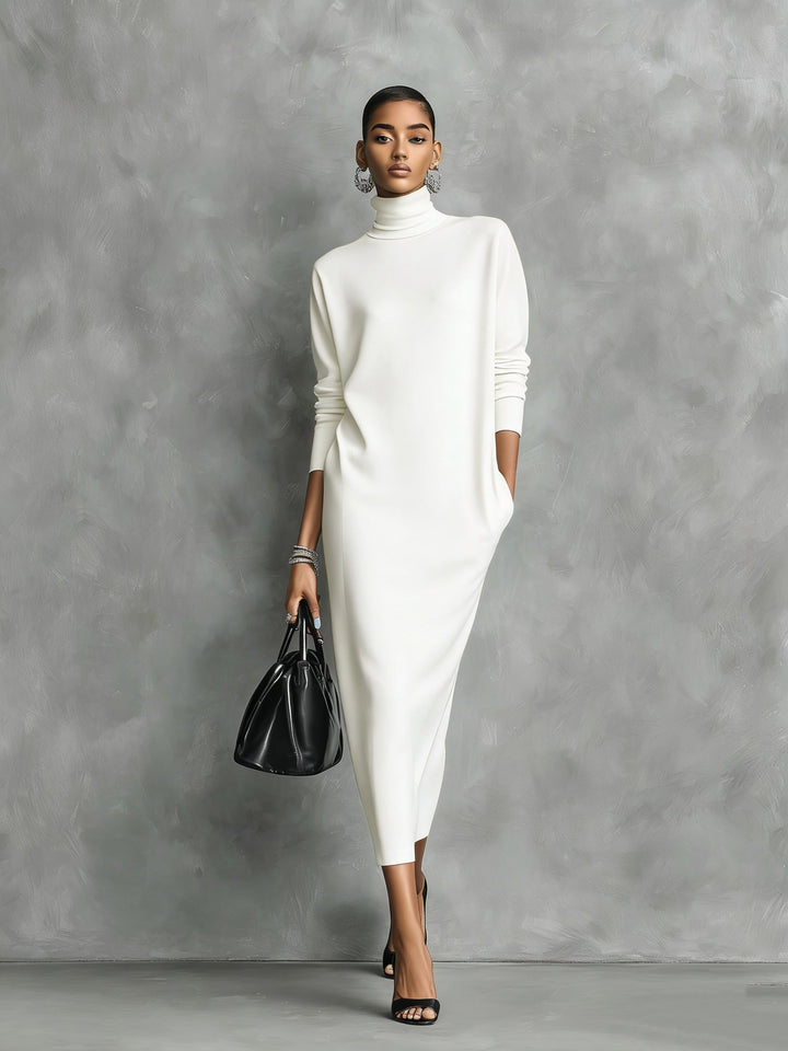Black Turtleneck Sweater Dress - Midi Length Knit Dress