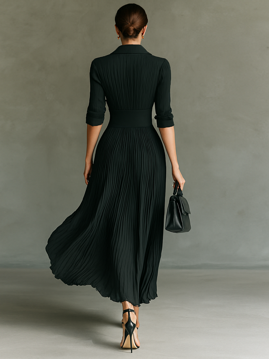 Belted Maxi Dress Long Sleeve with Pleated Skirt and Lapel Collar