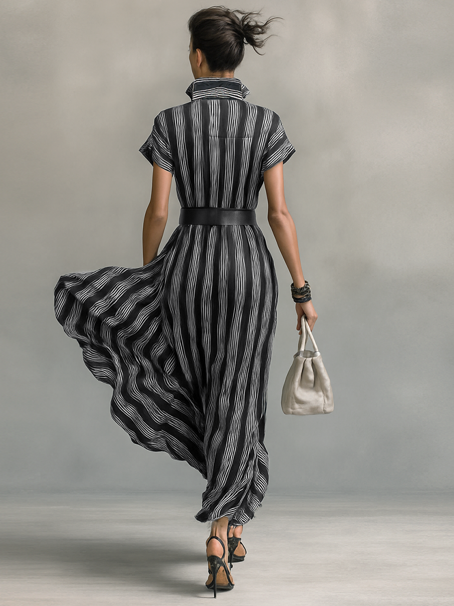 Striped Maxi Dress with Collar and Short Sleeves