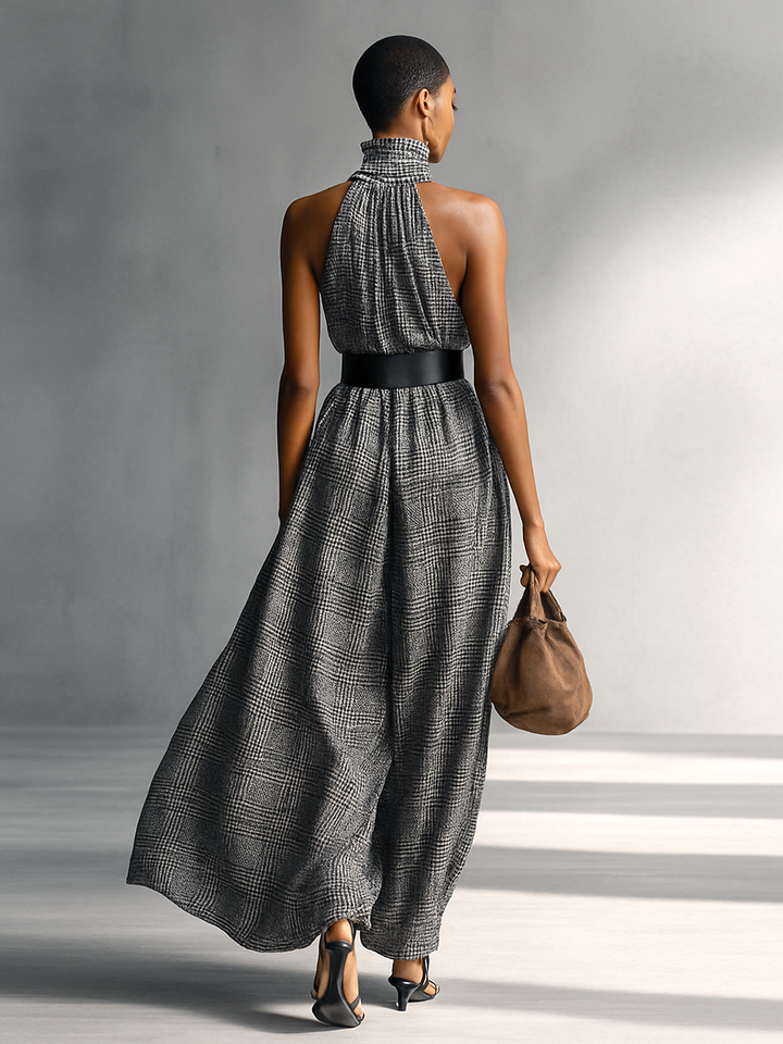 Plaid Maxi Dress with Belt and High Collar for Women