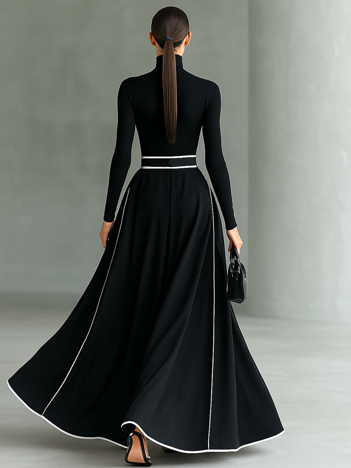 Black Maxi Dress with White Trim and Belted Waist