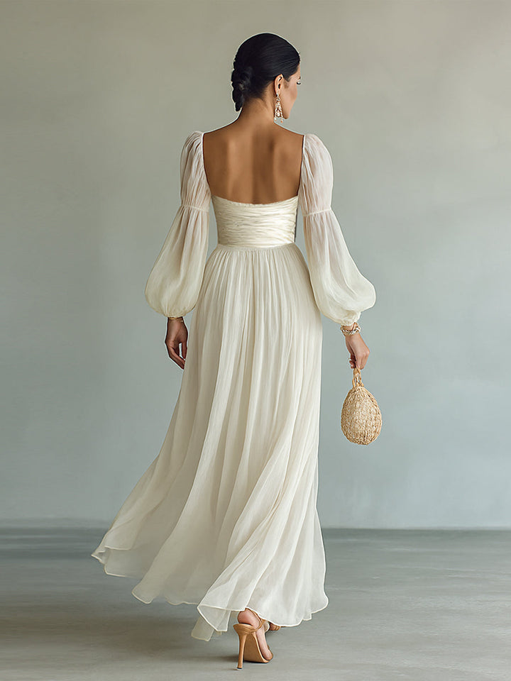 Chiffon Maxi Dress with Long Sleeves and Square Neckline